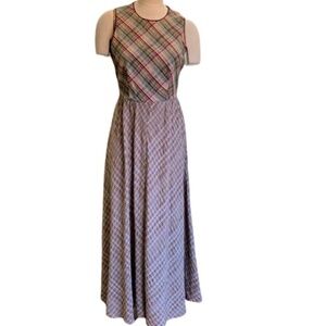 Vintage K Studio Linen Blend Cottagecore Sleeveless Maxi Dress Sz 8 Plaid #257E